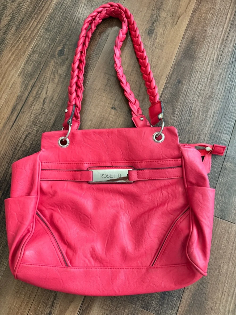 Rosetti Braided Handle Handbag Faux Leather Shoulder Bag Salmon Pink 14”x9.5”.
